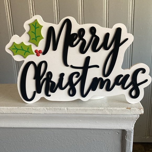 NWT- 15x17- White & Black Merry Christmas Wooden Decor Sign with beaded hanger - Picture 5 of 17